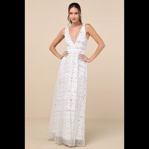 NWT LULUS Solita White Sequin Mesh Sleeveless Maxi Dress